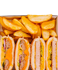Delicious fast food meal with sandwiches and golden potato wedges served