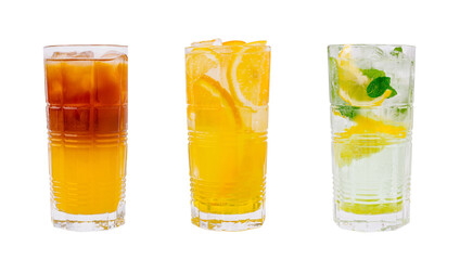 Refreshing summer drinks served in tall glasses with ice and fruit