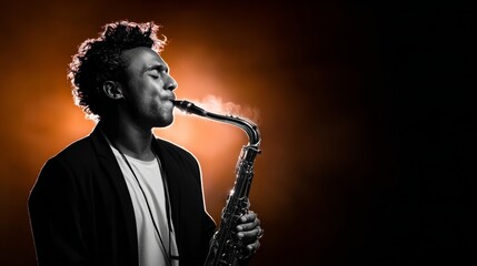 Naklejka premium Man playing a saxophone with smoke coming out of his mouth. The image has a mood of relaxation and enjoyment