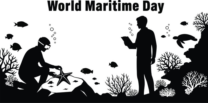 Silhouette of a world maritime day with diver and scientist exploring marine life
