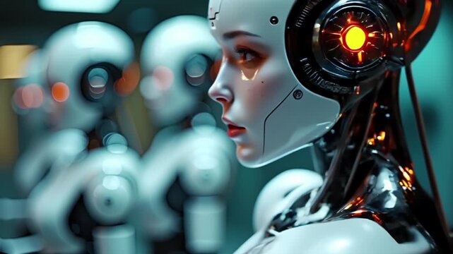 Humanoid robots waiting to be activated in modern production plant. Technology related concept.
