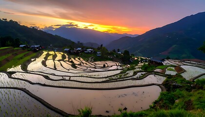 Terraced rice paddies at sunset, a picturesque rural landscape.