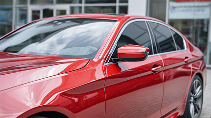 A red sedan with tinted windows glimmers under natural light. The reflection on the car's surface adds an air of class and sophistication. Sleek and modern design