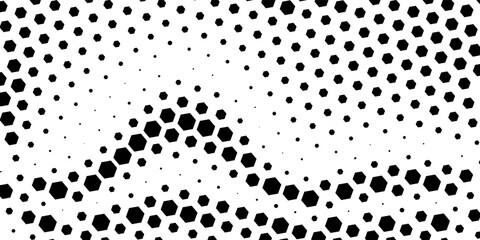 Hexagon halftone gradient texture. Abstract black grunge background. Geometric retro halftone tech overlay. Fading wavy hexagonal pattern backdrop. Vector wallpaper