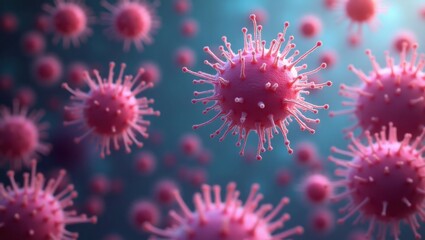 Microscopic pink virus particles, 3D digital medical illustration
