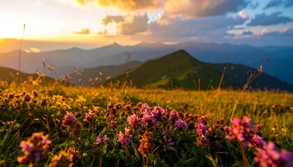 A breathtaking mountain meadow filled with vibrant wildflowers at sunset, showcasing a serene and colorful landscape.