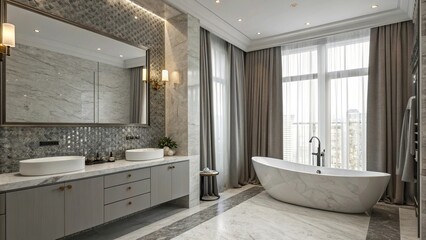 Elegant grey and white bathroom featuring oval marble double sink, large mirror, window curtains and large single bathtub, surrounded by modern granite mosaic walls, luxurious contemporary interior