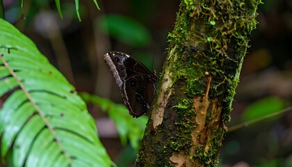 Dark butterfly rests on a mossy tree trunk.