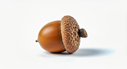 Minimalist studio shot of a whole acorn nut with its distinctive cap on a white background