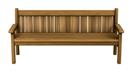 Wooden Park Bench with Slatted Seat and Back on White Background, cut out transparent