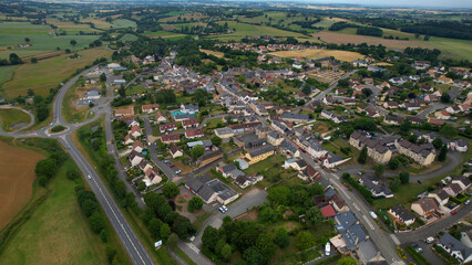 Aerial panorama view of the old town in the city of Coulans-sur-Gée in France on a sunny summer day

