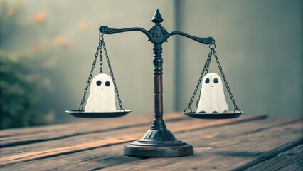 Balancing ghosts on a vintage scale in a whimsical setting.