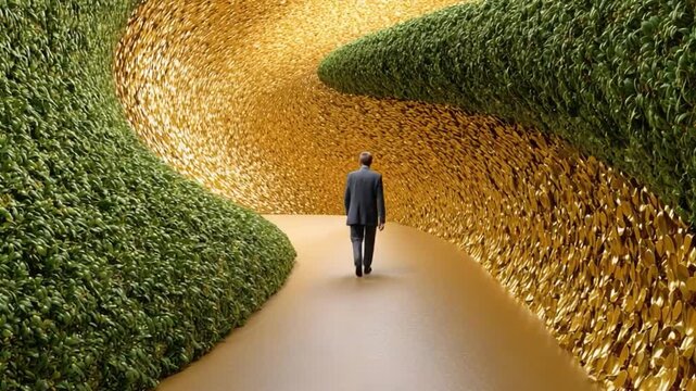 Path to Enlightenment: A solitary figure walks into the unknown, tracing a winding path bordered by textures of verdant green and warm golden, with the hope and desire of a better tomorrow.