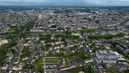 Aerial panorama view of the old town in the city of Laval in France on a sunny summer day

