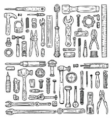 Hand-drawn vector illustration of a complete set of tools, clean black line art on a white background, each item clearly separated, perfect for infographic or poster design.