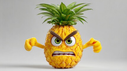 Cartoon pineapple with a frowning face and angry eyes. The pineapple is holding its arms out in a fist, giving the impression of anger and frustration