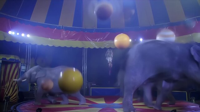 Elephants performing in a circus tent