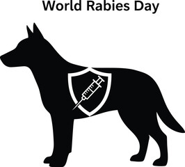 Raise awareness for world rabies day with silhouette of a dog with a vaccination shield, promoting animal health and disease prevention