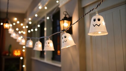 Whimsical ghost-themed string lights illuminate a cozy space.