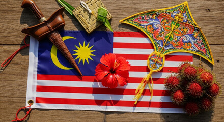 Malaysian Cultural Symbols on Wooden Surface