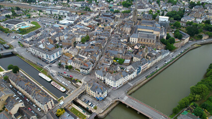 Aerial panorama view of the old town in the city of Saint-Nicolas-de-Redon in France on a sunny summer day

