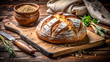 Fototapeta premium Artisan sourdough bread on a rustic wooden cutting board