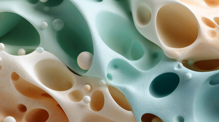 Abstract close up of colorful, porous surface with smooth, rounded holes in pastel shades of blue, orange, and white
