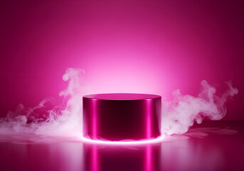Podium stage with spot lights background - a metallic pink cylinder podium with glowing light and smoke effects on a reflective surface, studio lighting