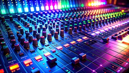 Fototapeta premium Vibrant Sound Mixing Console in Colorful Studio Lighting.