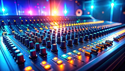 Fototapeta premium Vibrant Sound Mixing Console Studio Control Panel.