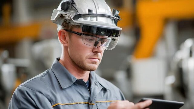 Worker's Tech-Savvy Innovation: Capturing a modern worker's utilization of cutting-edge technology, the image presents a person intently focused on a tablet. Surrounded by an industrial setting.