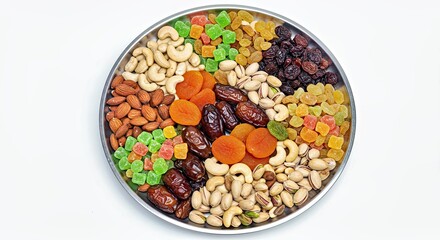A beautifully arranged festive platter of assorted dry fruits on a white backdrop