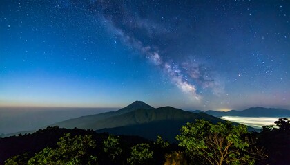 A majestic view of a mountain range at night, with the Milky Way stretching across the inky blue sky, and a layer of clouds resting below the peaks.