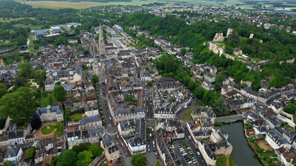 Aerial panorama view of the old town in the city of Vendôme in France on a sunny summer day

