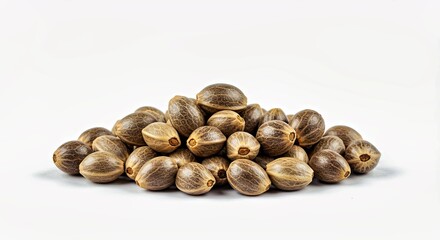 A close-up photograph of a perfect cluster of hemp seeds on a white backdrop
