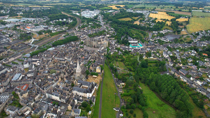 Aerial panorama view of the old town in the city of Vendôme in France on a sunny summer day

