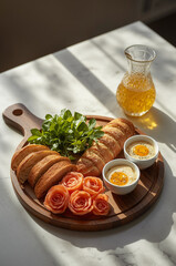 Luxury Gourmet Breakfast Board with Artisanal Breads, Smoked Salmon, Soft-Boiled Eggs, Microgreens, and Fresh Juice on Polished Walnut &ndash; Premium Fine Dining Food Photography