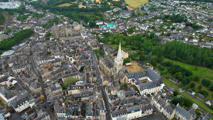 Aerial panorama view of the old town in the city of Vendôme in France on a sunny summer day

