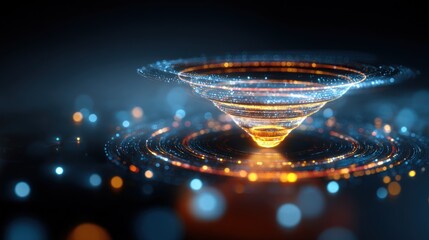 Bstract data funnel with glowing particles for digital marketing and analytics use