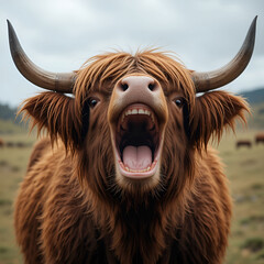 A Highland cattle with its mouth open, showcasing its long shaggy hair.