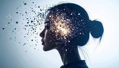 Woman Silhouette with Abstract Light and Energy Burst from Head.