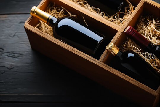 Luxury wine bottles in wooden gift crate