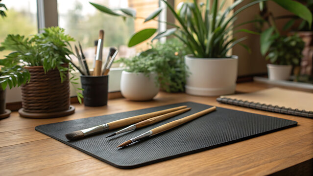 Artistic still life paintbrushes and lush green plants bathed in natural light - Powered by Adobe