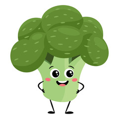 Flat vector illustration in a simple children's style. Cute broccoli with a face, arms, and legs on a white background. Vector illustration