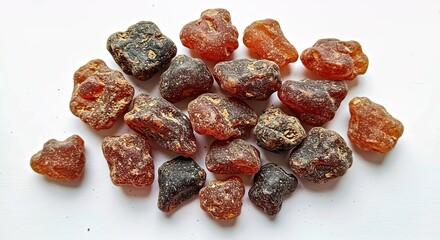 A scattering of myrrh resin chunks on a clean white background
