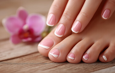 Close up of french manicure and pedicure with orchid on wooden background