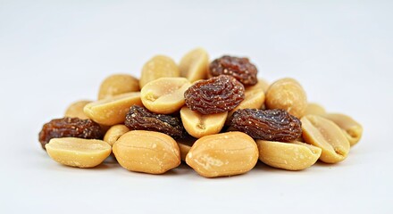 Fototapeta premium A simple minimalist mix of peanuts and raisins on a clean white background