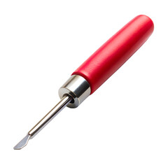Red handled craft cutting tool with a sharp metal blade, isolated on transparent background