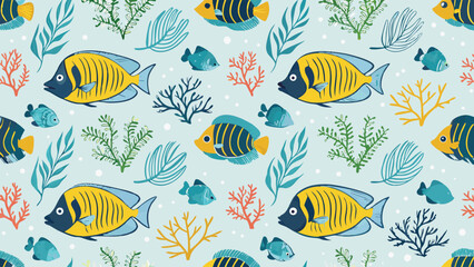 Colorful seamless pattern of tropical fish and seaweed. Underwater marine life vector background.