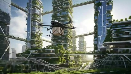 Futuristic city with vertical gardens and drone delivery - Powered by Adobe